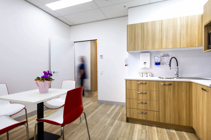 Inviting Staff Room Design at Wellness Medical and Skin Cancer Clinic in Springfield Central, Queensland - A Relaxing Space for Staff Breaks and Lunch with Comfortable Seating and Amenities