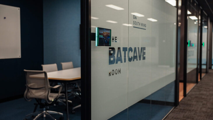 Unique 'Batcave' themed office interior with dark tones